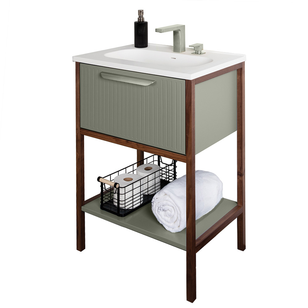 LACAVA Free standing vanity with one drawer, wooden bottom shelf and solid wood frame in American walnut or American white oak. Pull K340 included but not installed, sink 8075 sold separately. W:23-1/2", D:17-3/4", H: 35"